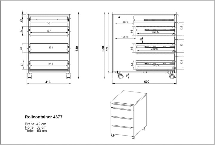 Germania Rollcontainer 4377-84, in Weiss, mit Utensilienfach, 42 x 63 x 60 cm (BxHxT), Weiss