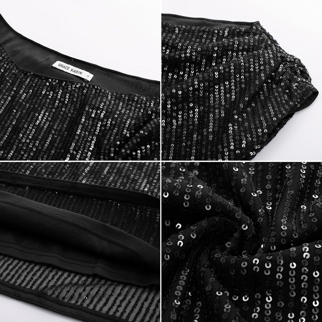 GRACE KARIN Damen Pailletten Oberteil One-Shoulder, Asymmetrisch &amp; Voll Gefüttert, Festliches Party