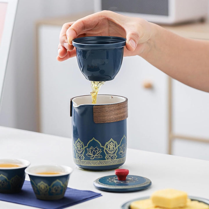 Teeservice aus Porzellan, Chinesischer Reise Tee Set mit 6 Keramik Tassen, Klein Teekanne mit Eingeb