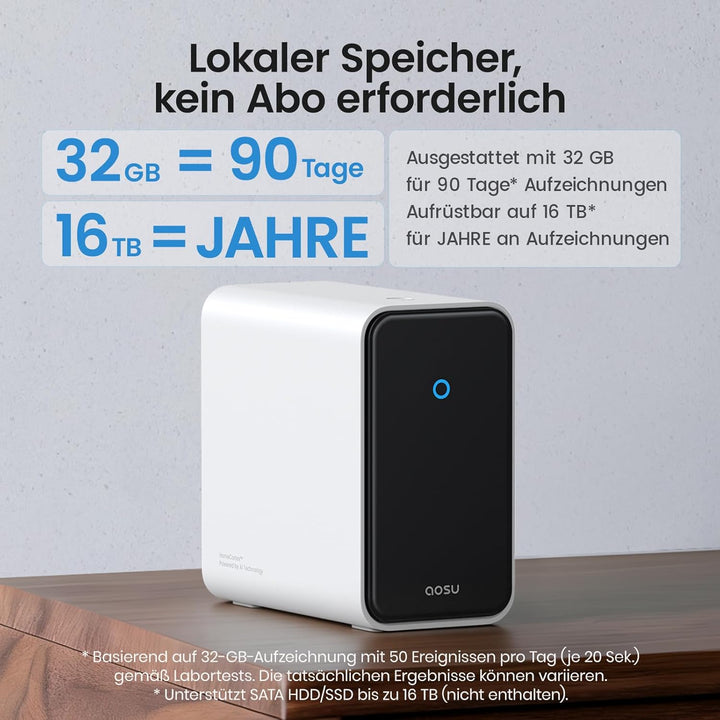 aosu 3K Überwachungskamera Aussen Solar Akku, 8 Cam-Kit & aosuCortex, Kein ABO, 5MP UHD, 32GB Lokal