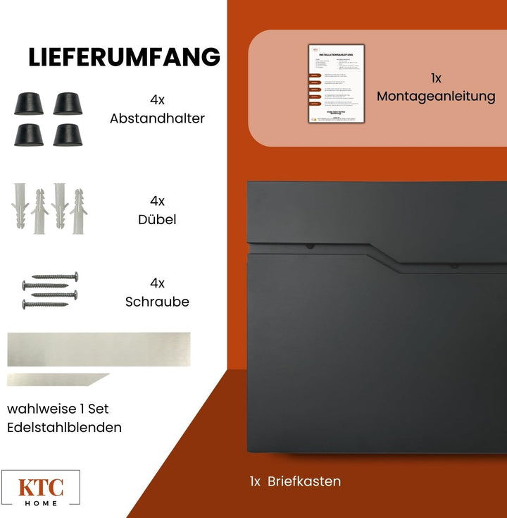KTC- Home Premium Briefkasten Postlux 4.0 Schwarz - mit Edelstahlblende- UV & Witterungsbeständig -