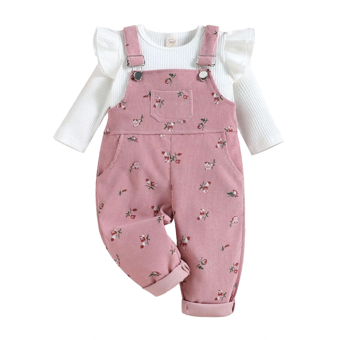 Baby Mädchen Kleidung Rippstrick Langärmelig Oberteile Blumenmuster Hosenträgerhose mit Tasche Outfi
