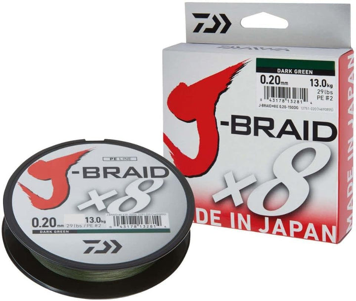 Daiwa 2 STK J-Braid 8 Braid 0.13mm, 8,0kg/18lbs, 300m dunkelgrün (Doppelpack)