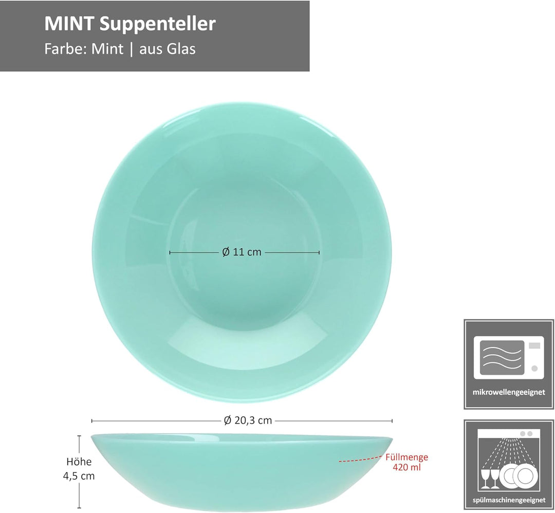 MamboCat 6er Set Mint Suppenteller aus Glas I 420ml, Ø 20,3 cm I Moderne Tiefe Teller für Müsli, Sup