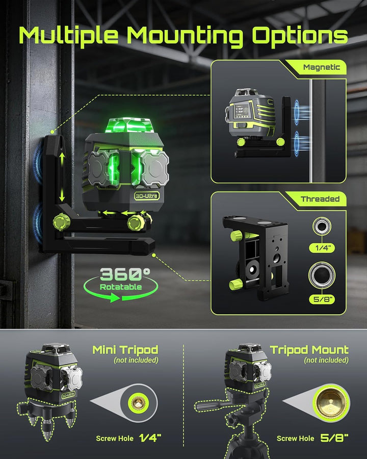 LASGOO 3D-Ultra 12 Linien Selbstnivellierender Kreuzlinienlaser 3x360° mit LCD-Display, Fernbedienun