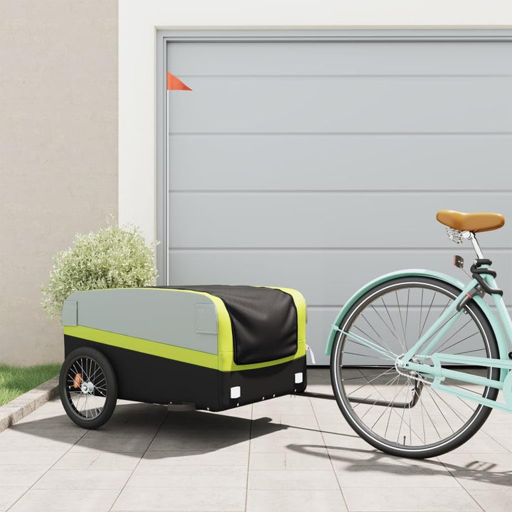 Mangloder Fahrradanhänger schwarz und grün robust aus Eisen mit Deichsel für Transport, Camping, Fam