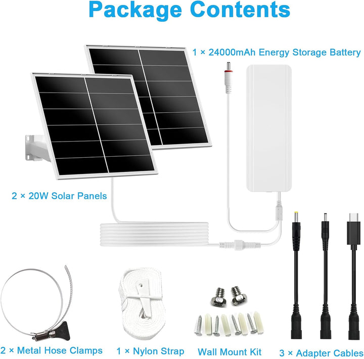 40W Solarpanel mit 24000mAh Akku für Überwachungskameras | 5V/12V Einstellbarer Ausgang, USB-C &amp; DC-