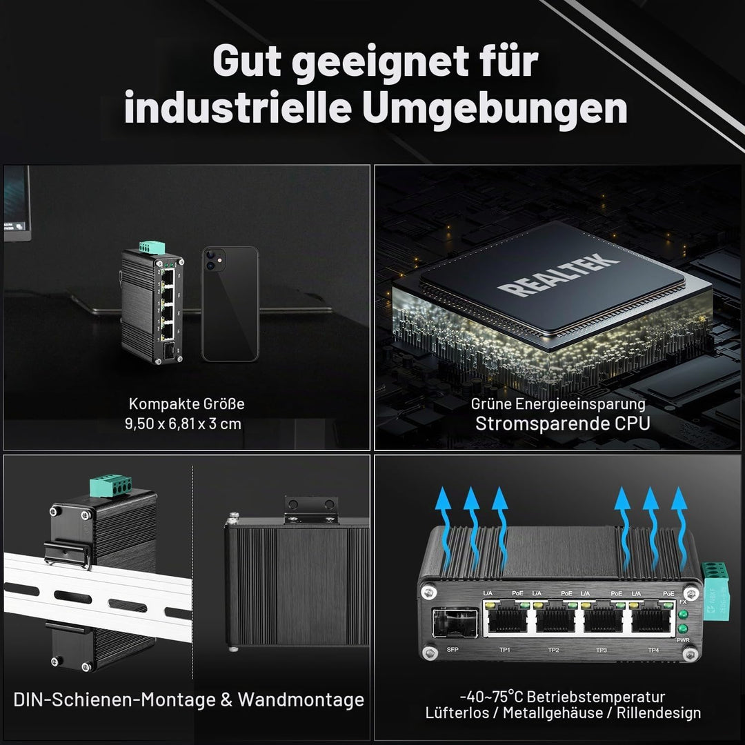 MokerLink 5 Port Gigabit Industrial Solar Battery UPS PoE Switch, Eingang DC9V-54V to Ausgang DC48V,