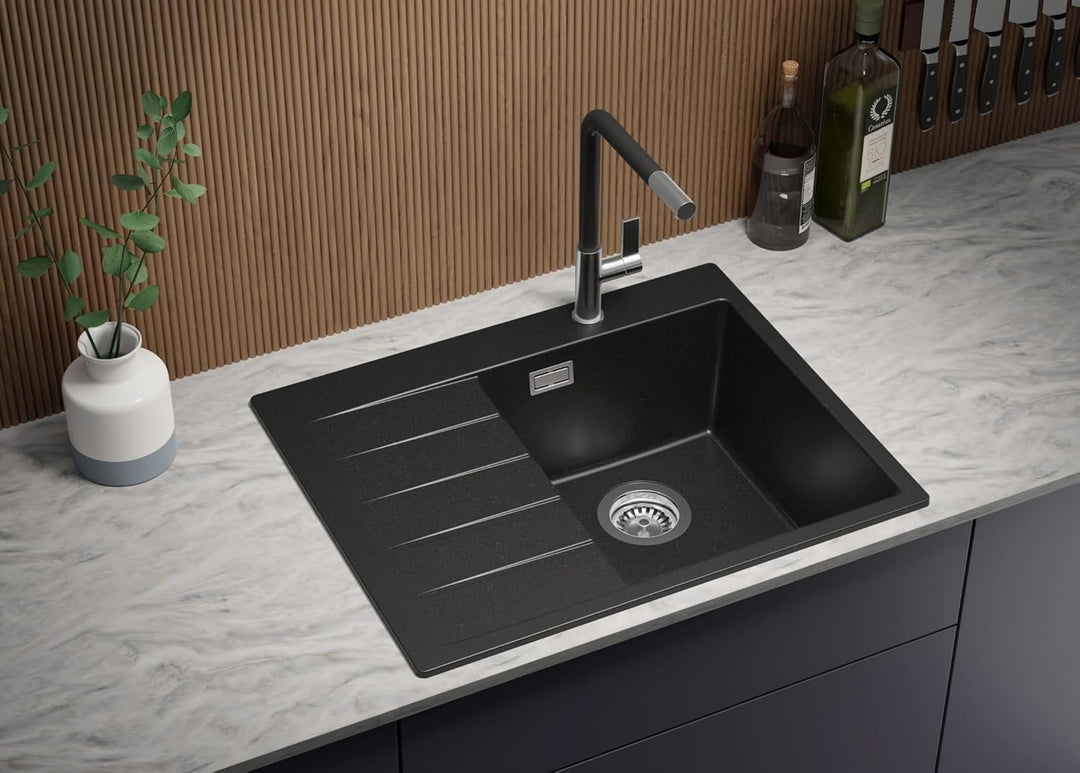Granitspüle Schwarz 62x50 cm, Spülbecken + Ablauf-Set + Küchenarmatur 9050, Küchenspüle für 40er Unt
