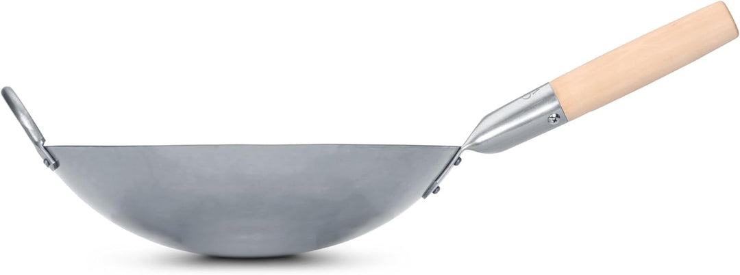 Craft Wok Traditioneller handgehämmerter Karbonstahl Pow Wok mit Holz- und Stahl-Helfergriff (30,5 c