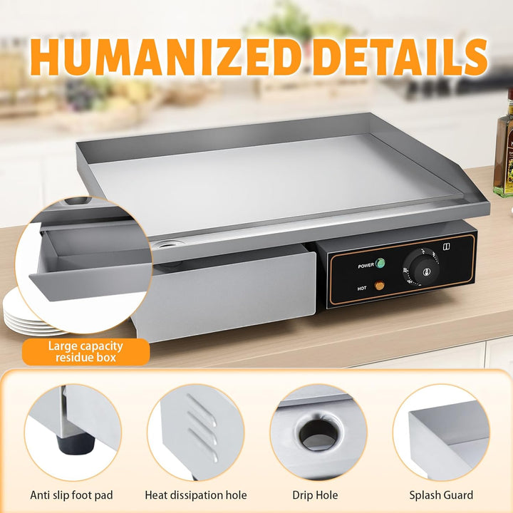 Grillplatte Elektrisch glatt Bratplatte, Elektrogrill mit 55 x 34 cm Grillfläche aus Gusseisen,Profi
