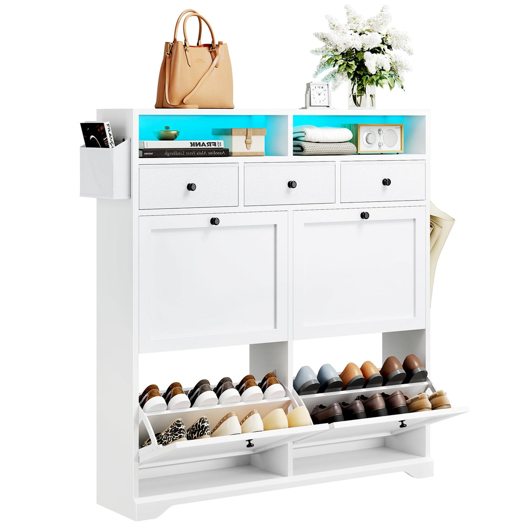 Dripex Schuhschrank schmal 4 Klappen und 3 Stoffschubladen, Schuhkipper mit LED, Verstellbare Trennw