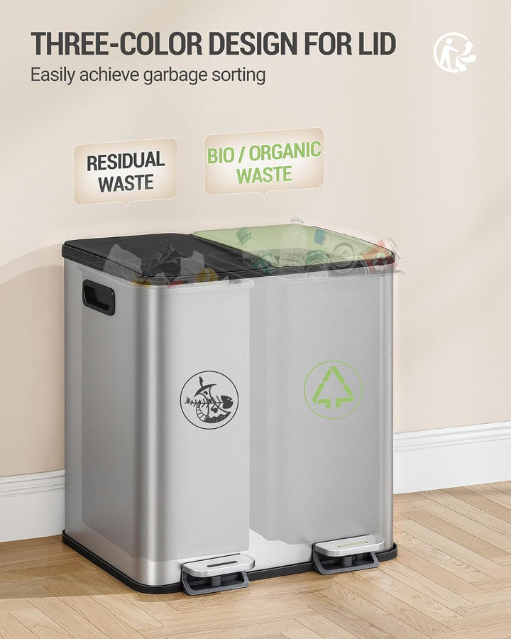 Hzuaneri Mülleimer Küche, 2 x 15 L, Mülltrennsystem 2 Fächer, Mülleimer mit Farbigem Soft-Close-Deck