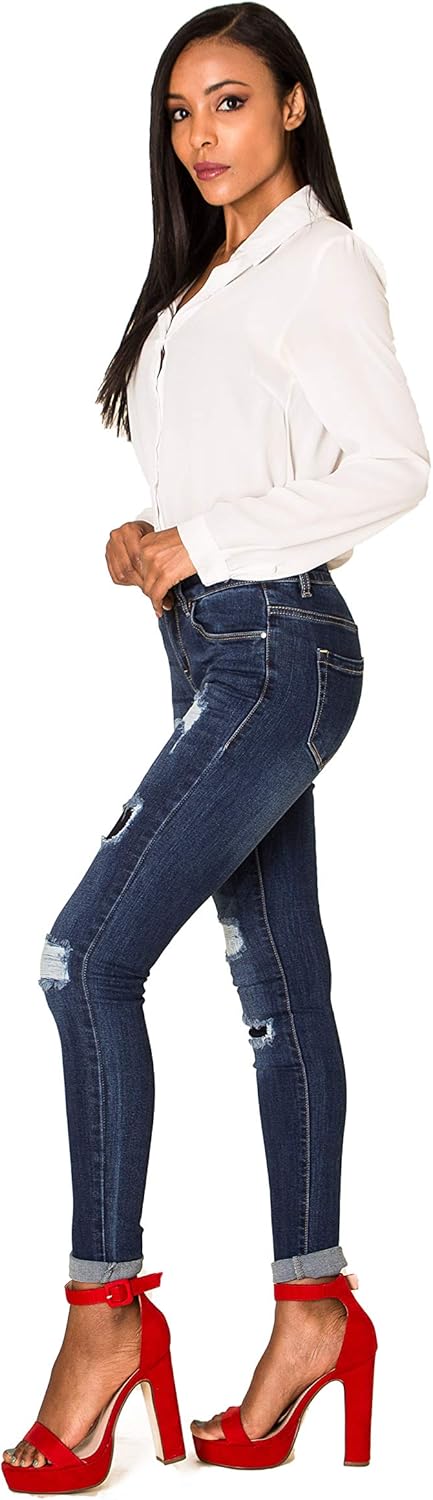 Nina Carter P100 Damen Skinny Fit Low Waist Jeanshosen mit Destroyed-Effekten Used-Look Jeans Waschu
