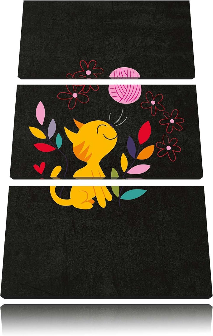 Pixxprint Niedliche Katze mit Wollknäuel als Leinwandbild/Grösse: 3 Teilig (120x80) cm/Wandbild/Kuns
