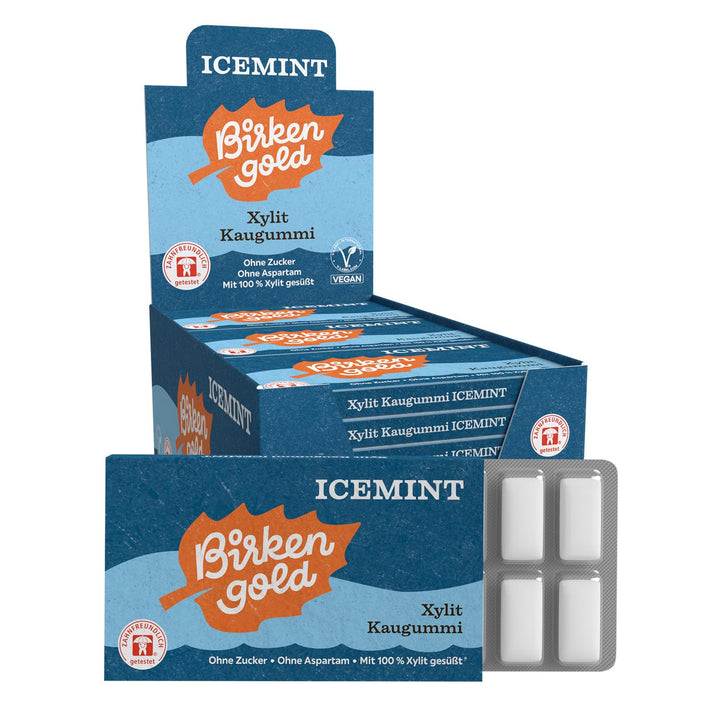 Birkengold Xylit Kaugummi Icemint | 24 Stk. Blister | Zahnpflege-Kaugummi | zuckerfrei | hoher Xylit