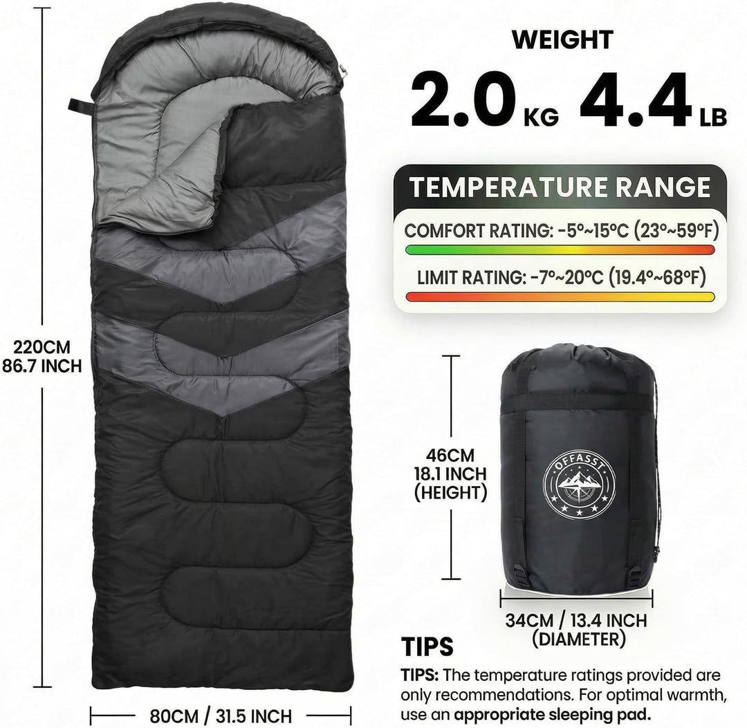 Schlafsack 3-4 Jahreszeiten -5°C bis 15°C (500GSM / 2kg), Winterschlafsack Outdoor für Erwachsene &amp;