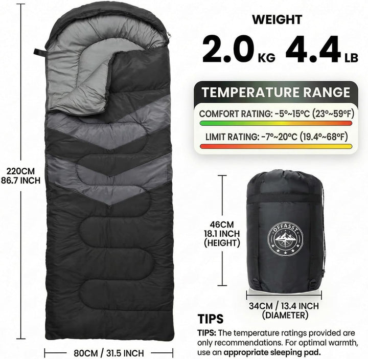 Schlafsack 3-4 Jahreszeiten -5°C bis 15°C (500GSM / 2kg), Winterschlafsack Outdoor für Erwachsene &amp;
