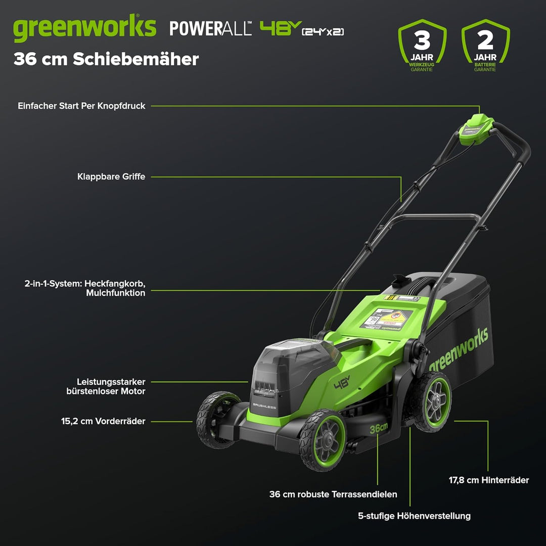 Greenworks 48V (24V x 2) Akku-Rasenmäher,36 cm Schnittbreite, bis 400 m², kabelloser Rasentrimmer mi