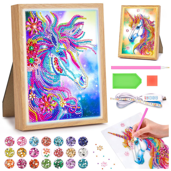 Geschenke Mädchen 5 6 7 8 9 10 11 Jahre Diamond Painting Kinder Einhorn Nachtlicht Bilderrahmen, Bas