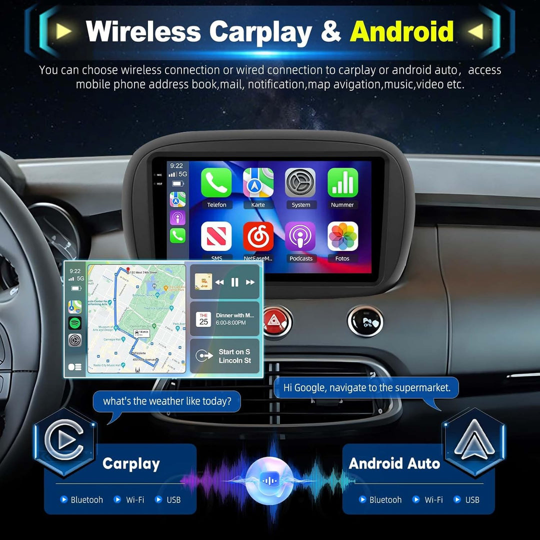 4G+128G Android Autoradio für FIAT 500X 2014-2020 mit Wireless Carplay & Android Auto, 9-Zoll IPS To