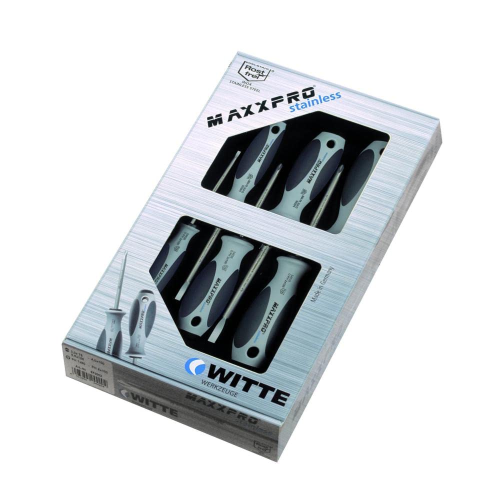 Witte 670001 Maxxpro stainless-Schraubendreher-Satz, 5-teilig, EL SB/PZ 1/PZ 2, Kartonverpackung
