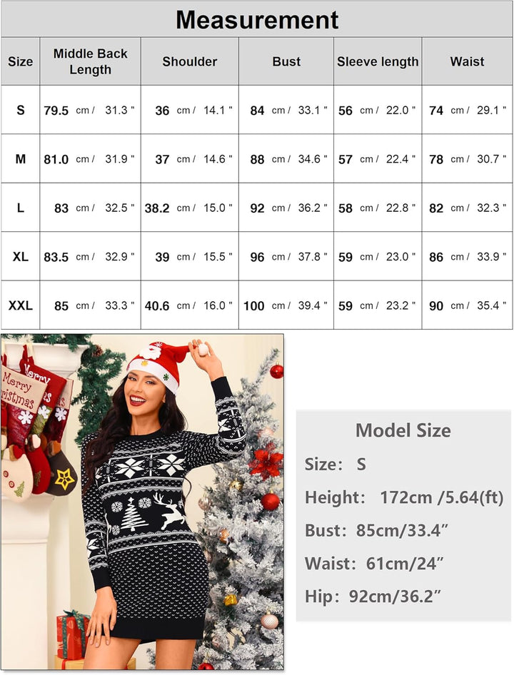 Cowasto Strickkleid Damen Weihnachtskleid Rundhals Winterkleid Langarm Pulloverkleid Frauen Weihnach