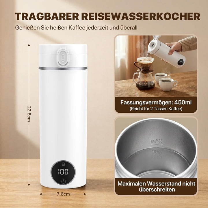 Reise Wasserkocher Klein, 450ML Mini Wasserkocher Tragbarer mit 6 Temperaturstufen, Heizung Automati