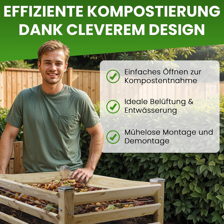 Moderner Komposter Trio ca. 120 x 346 cm Höhe 100 cm aus Lärchenholz Massivholz Steckkomposter Holzk