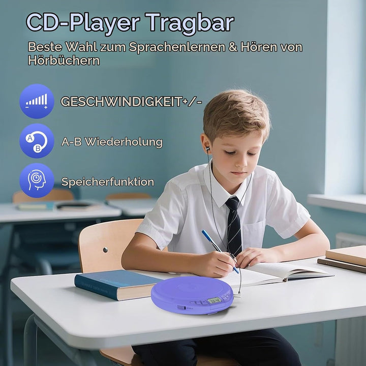 Gueray CD Player Tragbar Kinder Tragbarer CD-Player fürs Auto Discman mit Kopfhörer LCD-Display Unte