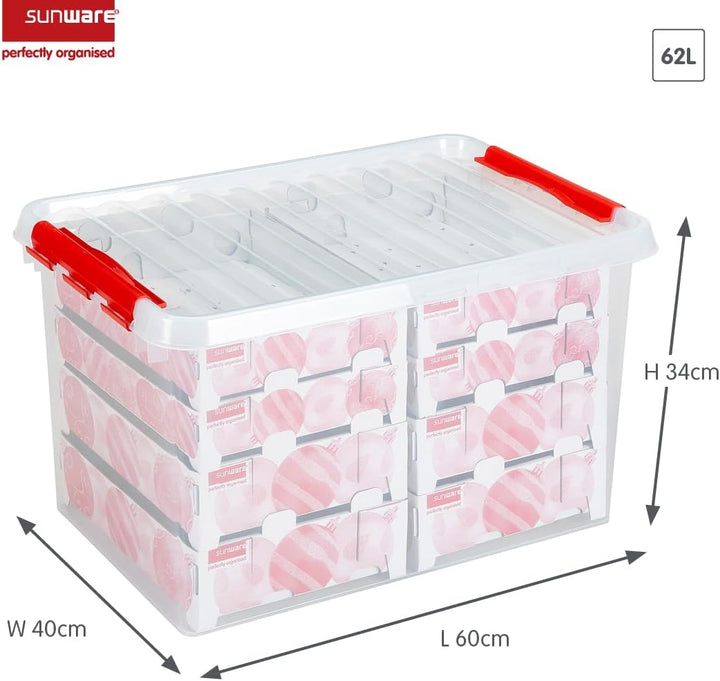 Sunware Q-Reihe Box für Weihnachtsdekoration mit Ablagen für 116 Kugeln, transparent/rot, Einheitsgr