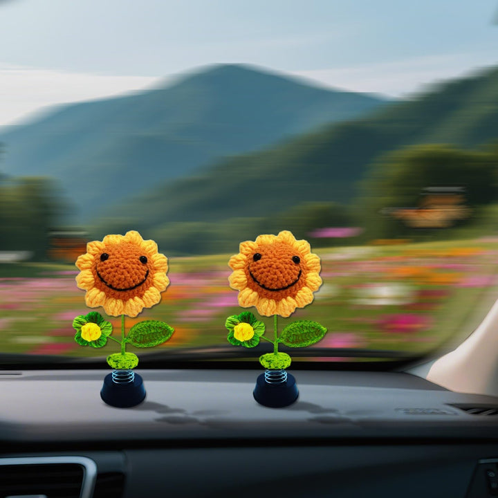 Wackelfigur Auto Deko,Wackeldackel FüRs Auto,Gestrickte Sonnenblume Wackelfigur,Eltern Dashboard,Lus