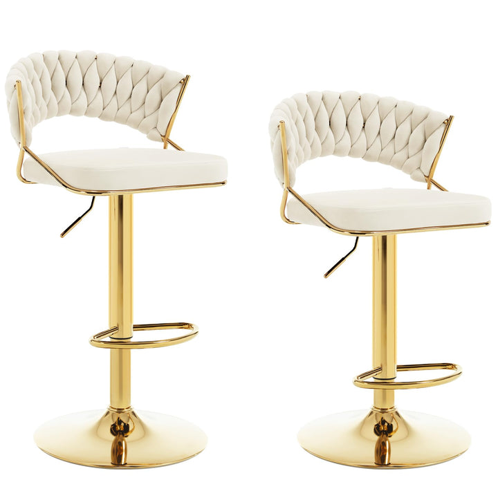 WOLTU Barhocker 2er Set, mit geflochtener Rückenlehne, Samthocker, Creme | Barstuhl 360° drehbar, hö