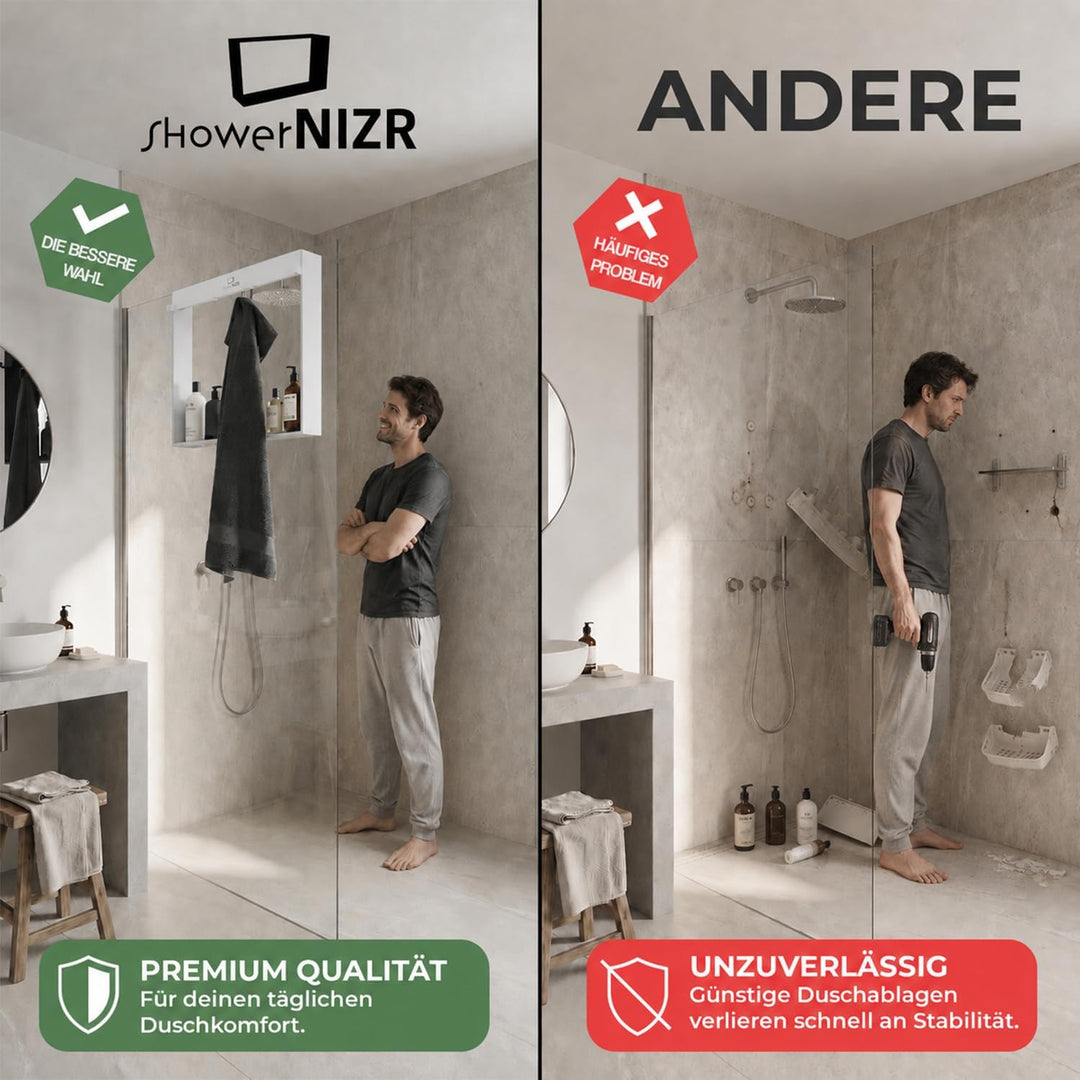ShowerNIZR Duschregal Weiss - Duschablage ohne Bohren für Duschwand zum Hängen aus Edelstahl mit 4 H