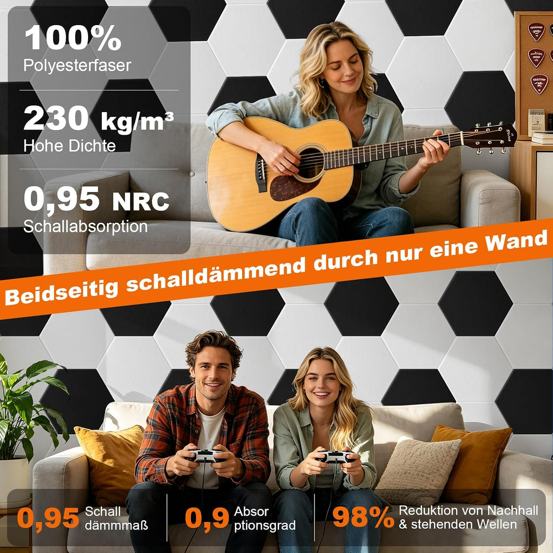 Rdutuok 12 Stück Selbstklebend Akustik Panel,30x26x1cm Hexagon Akustik Absorber Schallschutzplatten