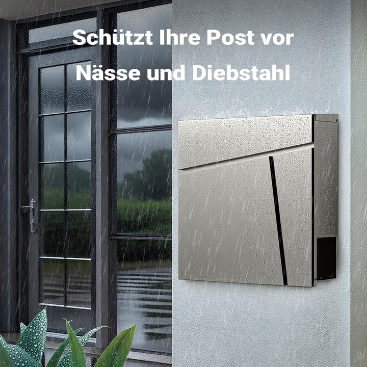 Wiltec Designer Briefkasten V23 Edelstahl 370 x 102 x 370 mm, Wandbriefkasten mit Schloss und Zeitun
