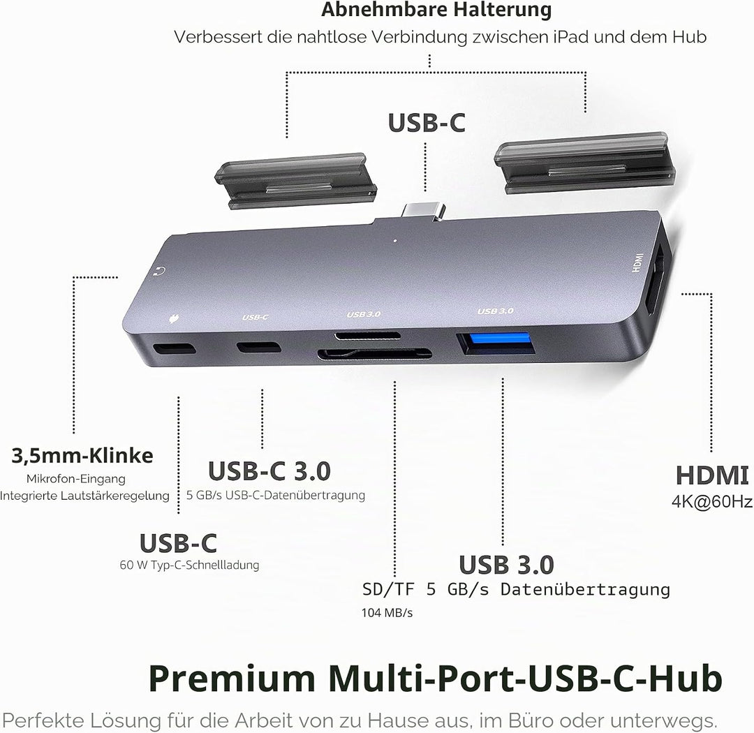 iPad Pro USB C Hub Adapter für iPad Pro 12.9 11 M1 M2,7in1 hub mit 4K HDMI,USB3.0,3.5mm Audio,SD/TF