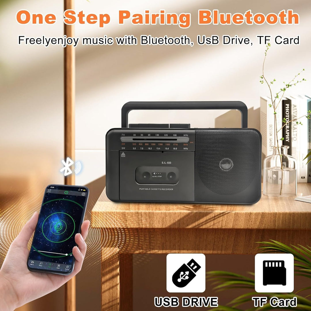 Kassettenspieler Bluetooth Boombox, Tape Recorder AM/FM/SW Radio Stereo Tape Player/Recorder mit gro