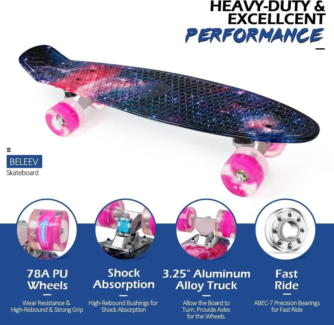 BELEEV Skateboard Komplette 22 Zoll Mini Cruiser Skateboard für Kinder Jugendliche Erwachsene, LED L