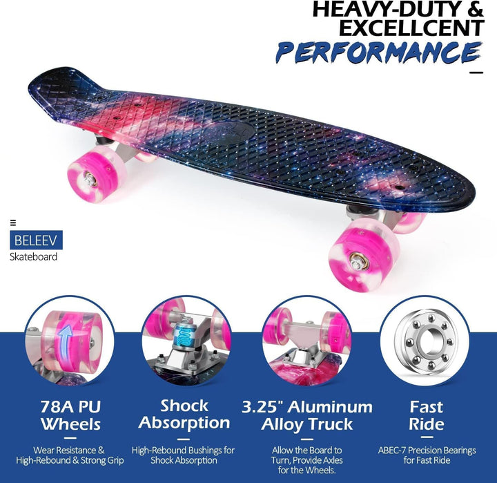 BELEEV Skateboard Komplette 22 Zoll Mini Cruiser Skateboard für Kinder Jugendliche Erwachsene, LED L