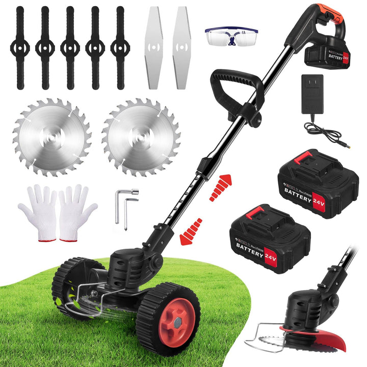 Rasentrimmer mit Rädern, 3-in-1 Freischneider &amp; Rasenkantenschneider, 24 V Akku-Rasenmäher Set mit 2