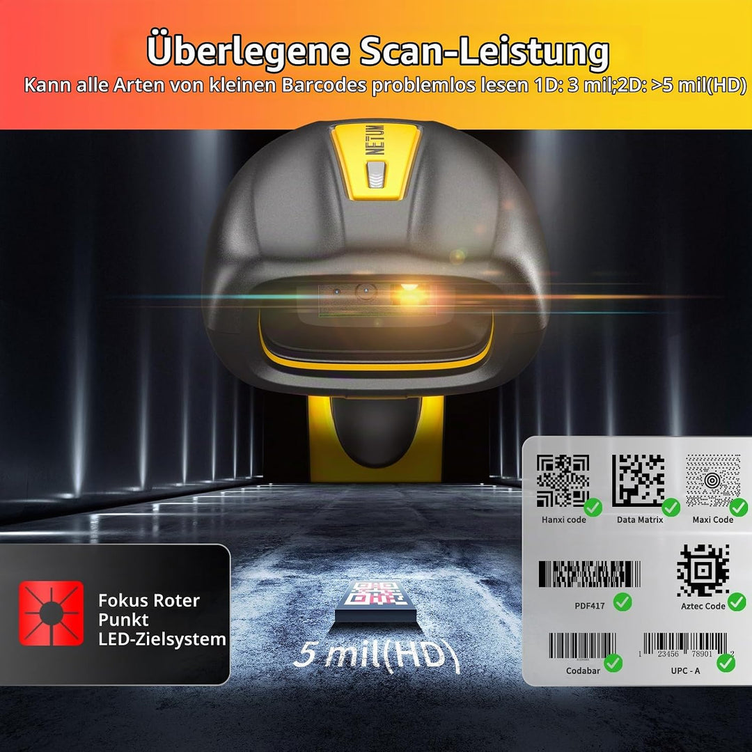NETUM Upgraded QR Industrial Bluetooth Barcode Scanner mit Ladedock, Wireless 2D 1D Barcode Reader 2