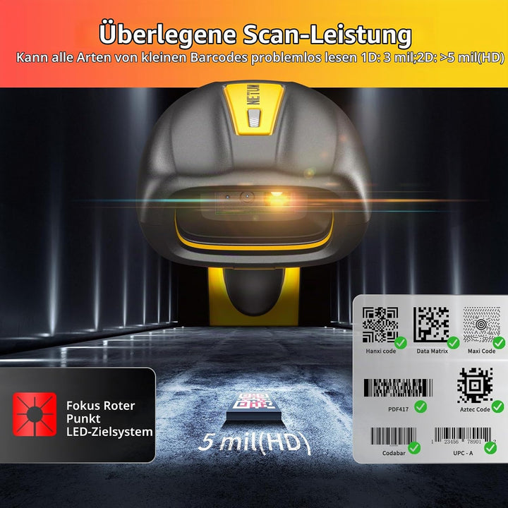 NETUM Upgraded QR Industrial Bluetooth Barcode Scanner mit Ladedock, Wireless 2D 1D Barcode Reader 2