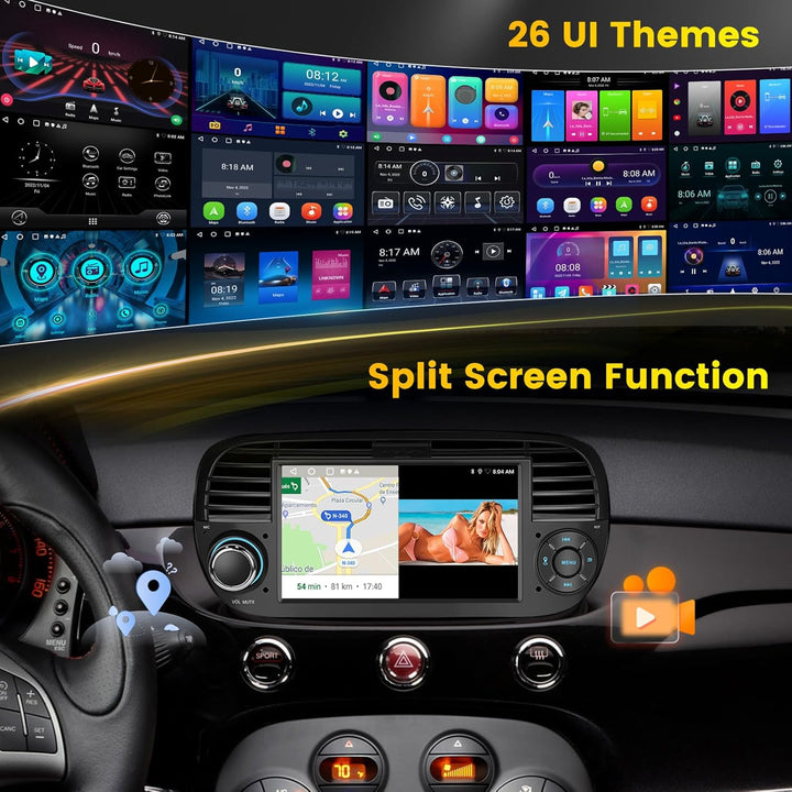 Hikity 2G+64G Android 15 Autoradio für FIAT 500 2007-2015 mit 7-Zoll-Touchscreen, Autoradio für FIAT