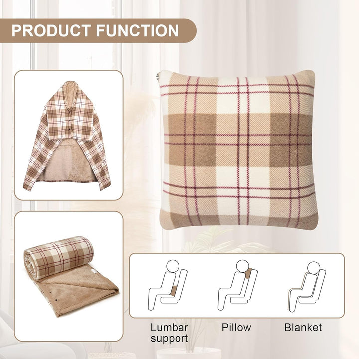 Tragbare Decke Kompaktes Kissen 2-in-1-Schossdecke Damen Poncho Fleece mit Knopf Karierte Tagesdecke