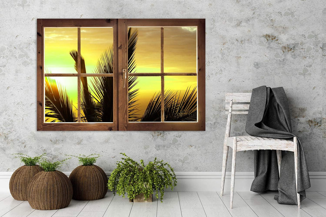Feeby Wandbild Fensterrahmen Kunstdruck Art Leinwandbild Natur Blätter Orange 90x60 cm 90x60 cm M128