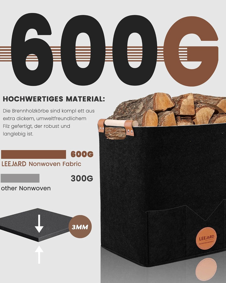 2 Holzkörbe für Kaminholz, grosser Holzkorb aus Filz, auch als Aufbewahrungstasche oder Einkaufskorb