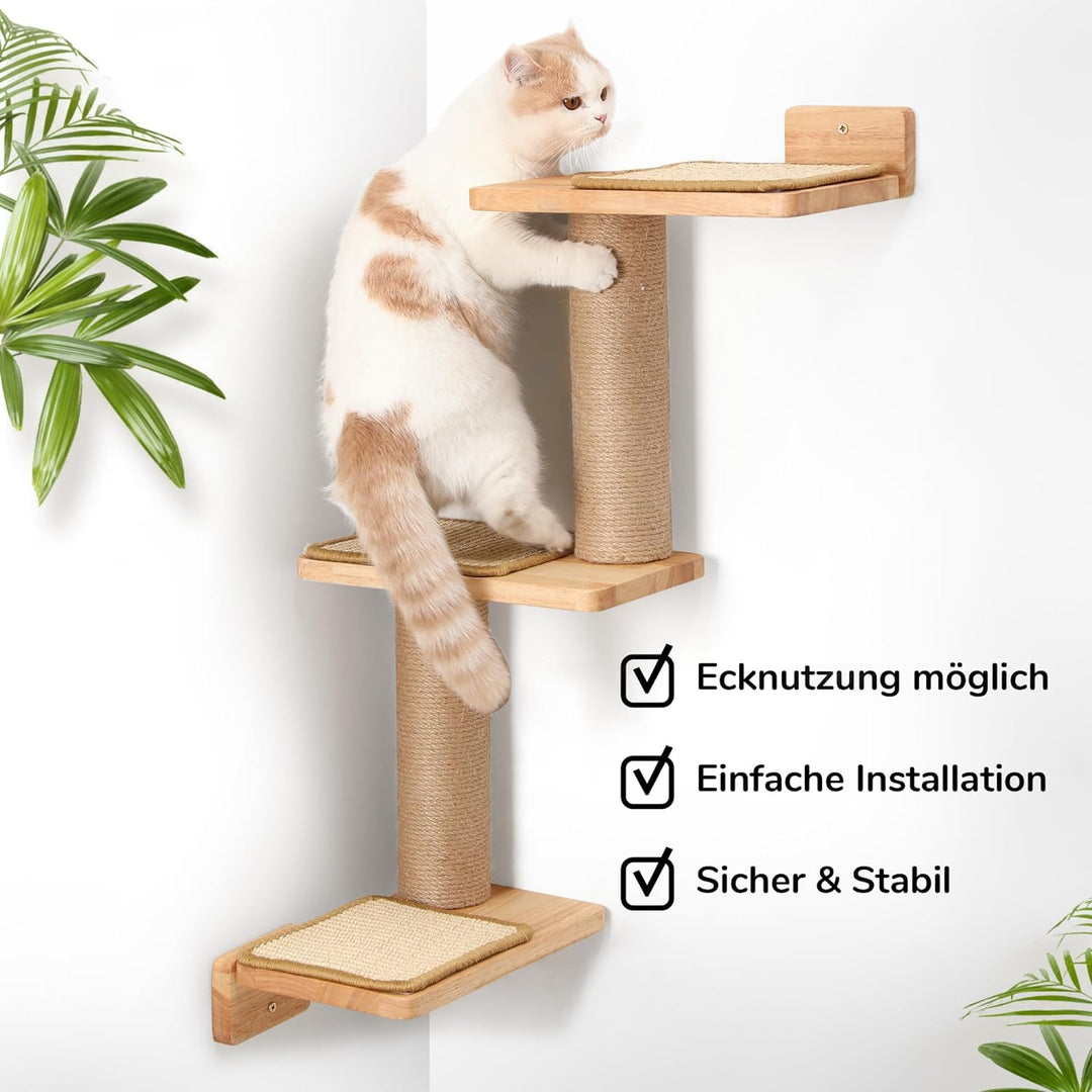 FUKUMARU Kletterwand Katze, Katze Wandregale aus Massives Gummiholz und Jute, 3 in 1 Transformable K