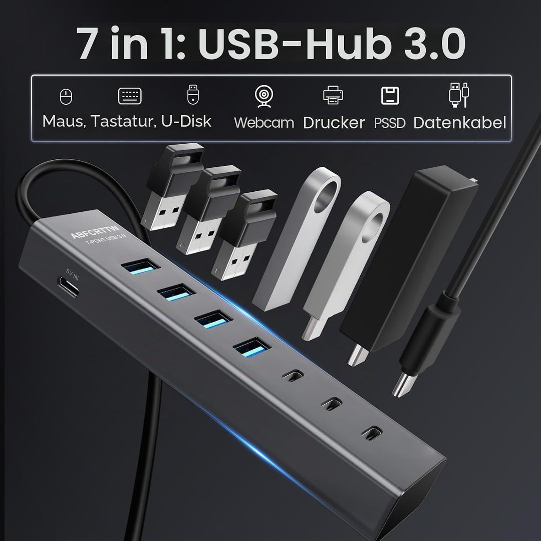 USB C auf USB Adapter, Aluminium USB C Hub 5Gbps Mit 4 USB-A & 3 USB-C Port, USB C Verteiler Mehrfac