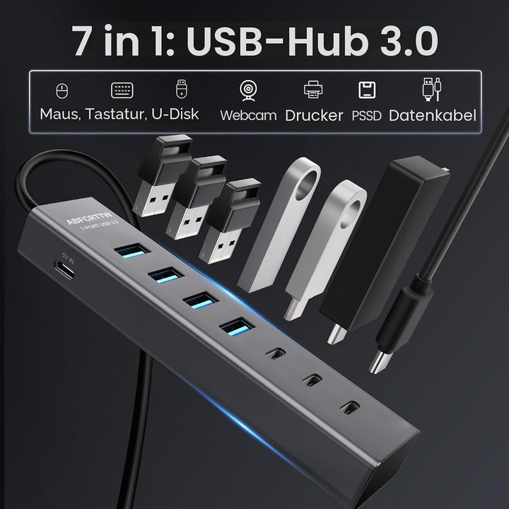 USB C auf USB Adapter, Aluminium USB C Hub 5Gbps Mit 4 USB-A & 3 USB-C Port, USB C Verteiler Mehrfac